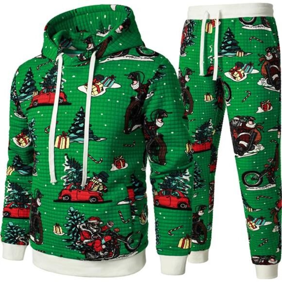 Men's Green Waffle Hoodies Sweatsuits 2PC Tracksuit Christmas Casual Jogging Set - Picture 2 of 6